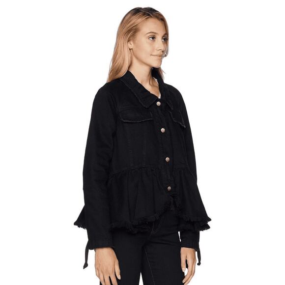 Free People Black Denim Peplum Jacket Sz S Lace-Up Sleeve Boho Grunge y2K - Picture 3 of 10